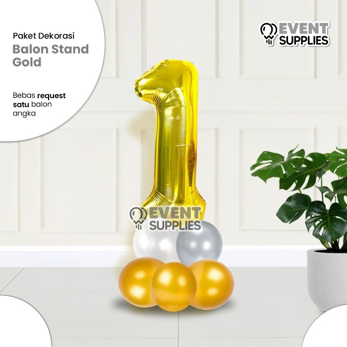 Paket Dekorasi Stand Angka 1 Gold Jumbo – Balon Ulang Tahun Anak