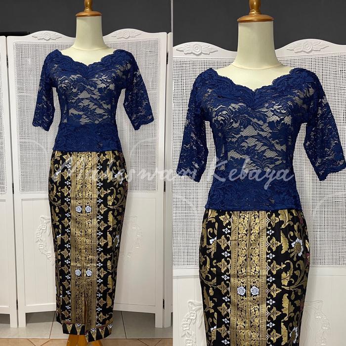 Kebaya Bali Set Brukat Sabrina Pendek Navy Rok Panjang - Set, S