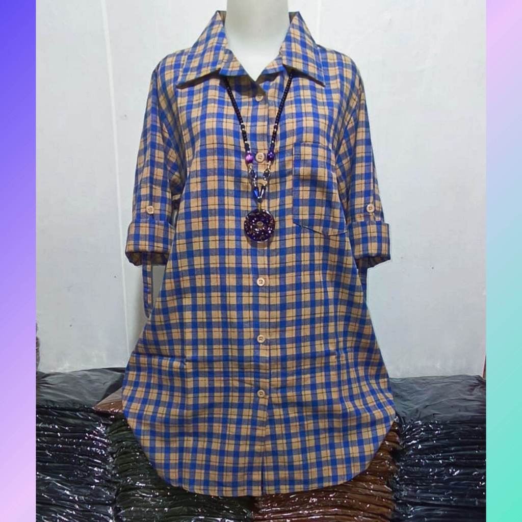 Tunik Wanita Kemeja Kotak Flanel Lengan panjang