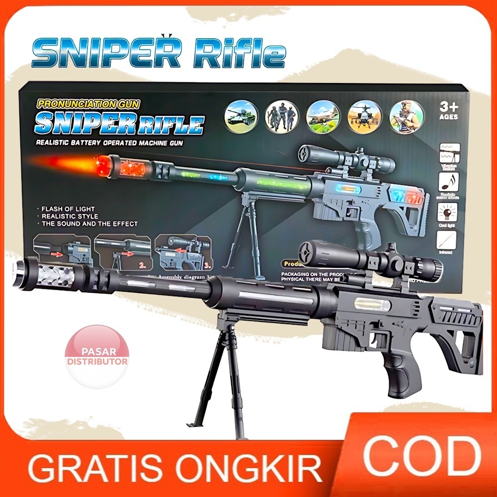 SNIPER GUN Mainan Tembakan Anak Elektrik LED Suara Getar Panjang Realistis Keren