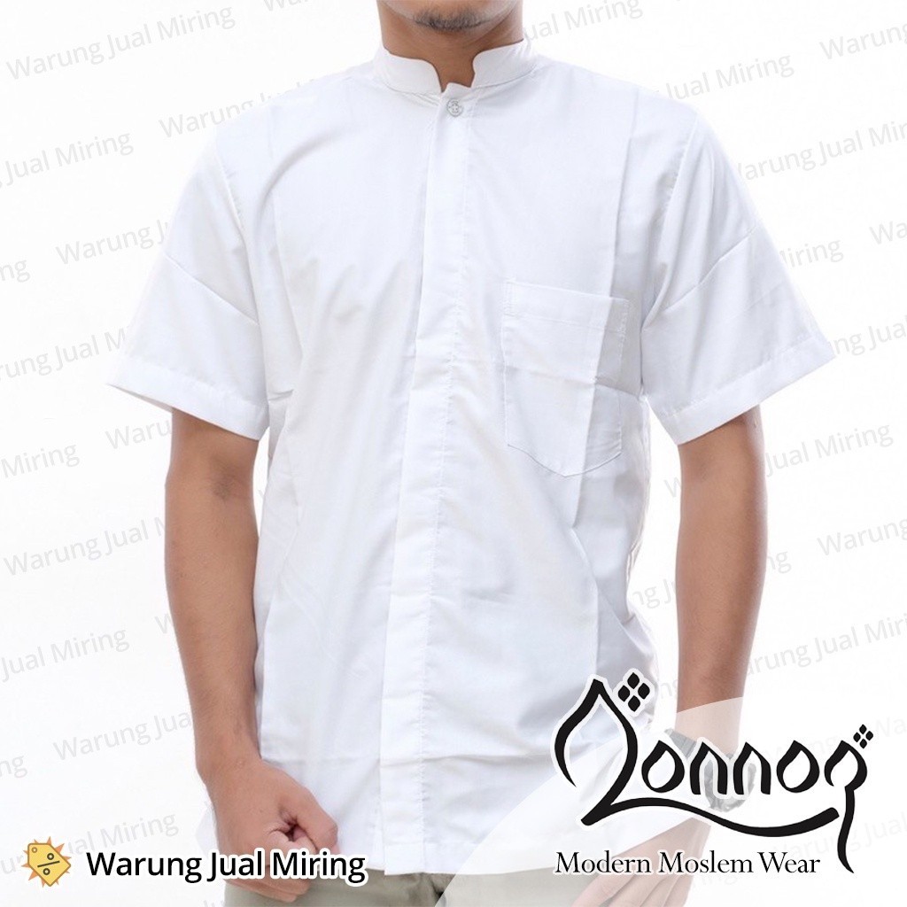 Baju Koko Kemeja QONNOQ Lengan Pendek Putih Polos Premium Moslem Wear Atasan Muslim Islam Lebaran Bu