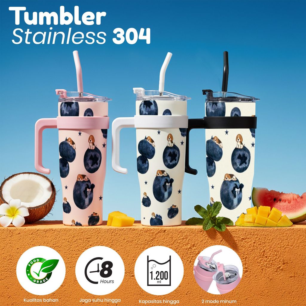 Tumbler Stainless Steel 304 Kapasitas 1200ml Motif Blueberry & Anjing dengan Warna Handle Pink Putih