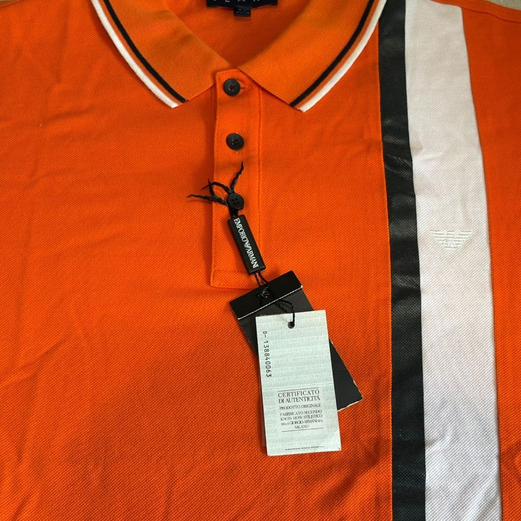 Emporio Armani Jeans polo shirt orange short-sleeve top for men featuring vertical white and black s