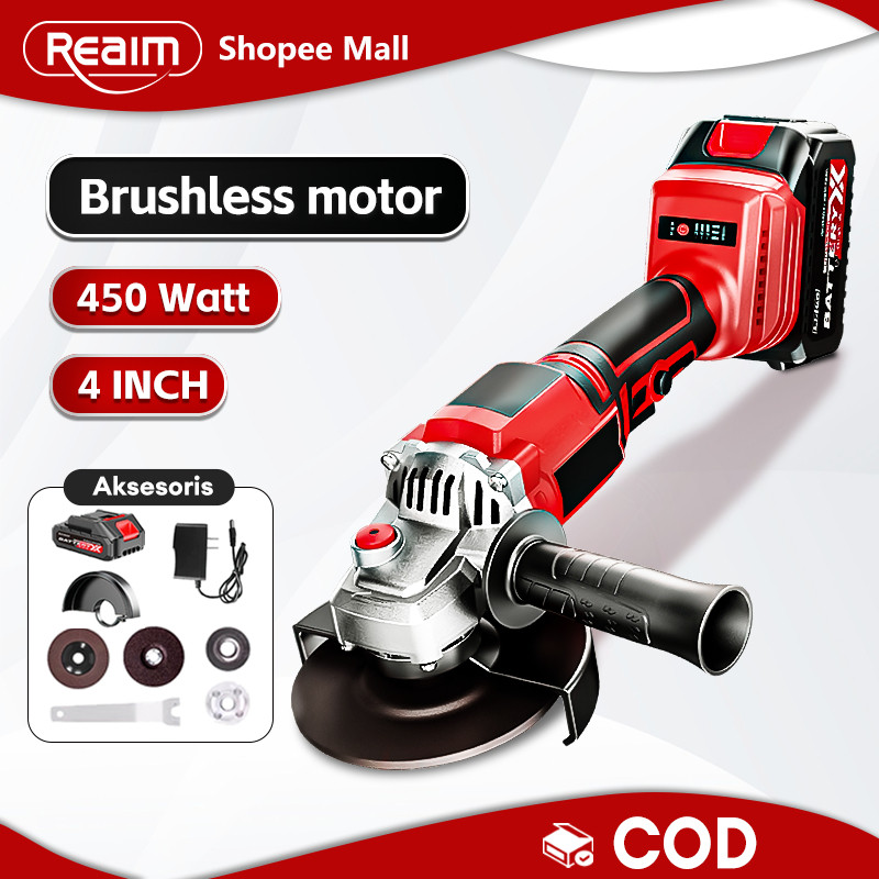 promo discon Reaim Gerinda Baterai Brushless 4Inch 450W Mesin Gerinda Baterai Tangan Cordless Angle 