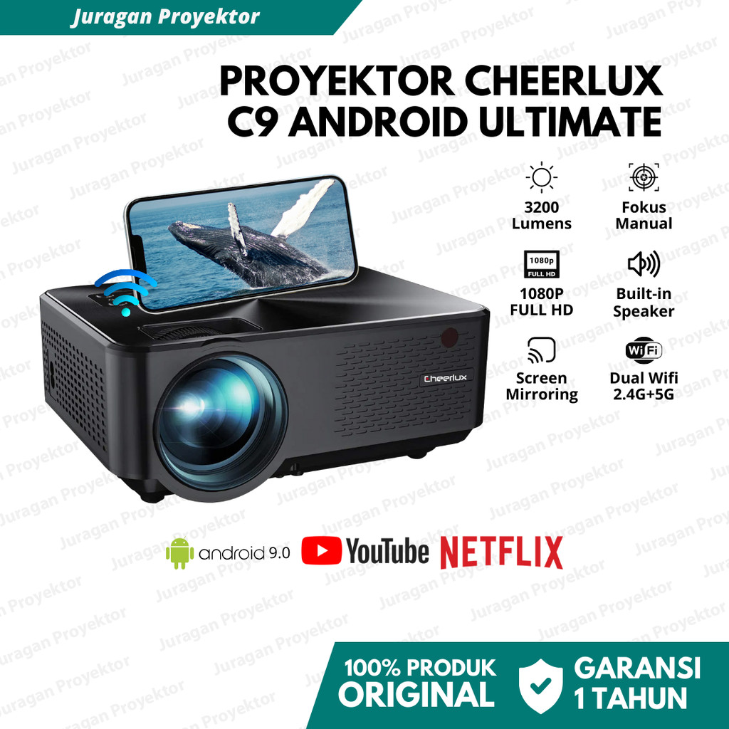 Proyektor Cheerlux C9 Android Ultimate 3200 Lumens Wifi Bluetooth  Support 1080P | Projector Cheerlu