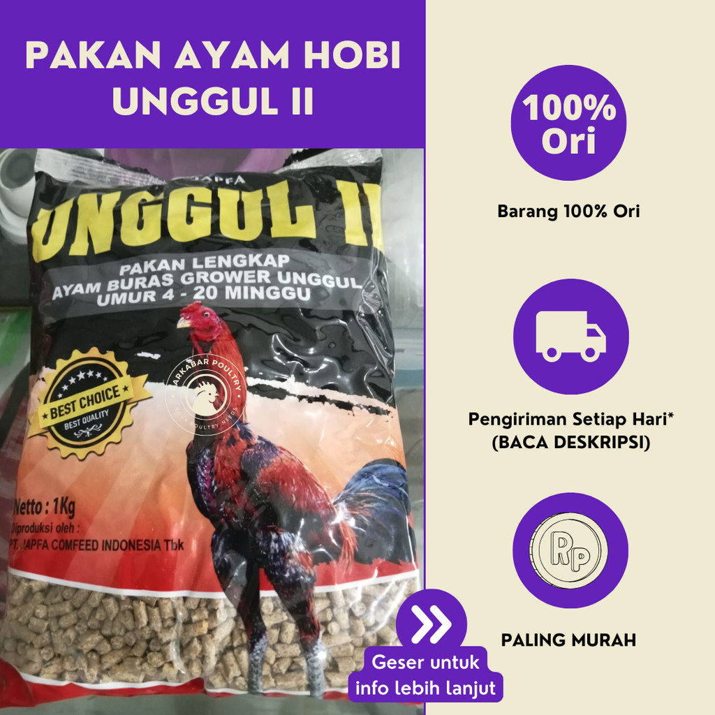 Pakan Ayam Hobi Dewasa Unggul 2 (Umur 2 Bulan keatas, Pellet) 1 Kg