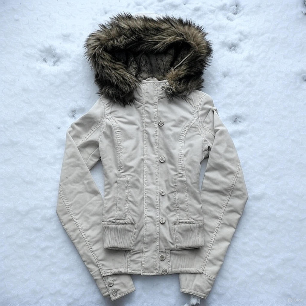 Gothic Y2K Vintage Fur Lined Hooded Jacket Womens White Button Zipper Coat with Faux Fur Trim Fashio