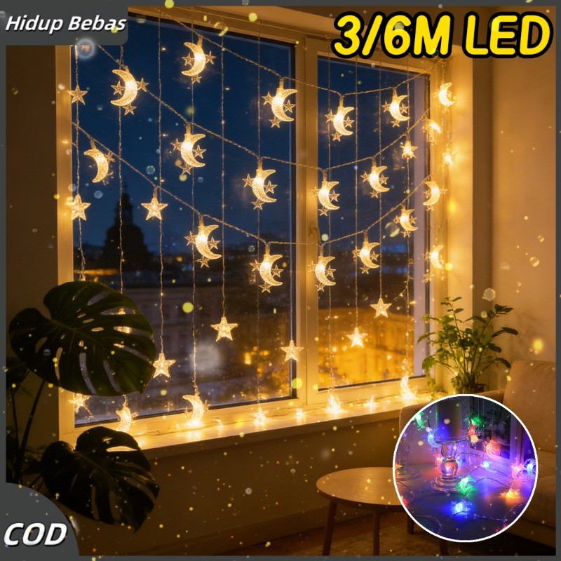 3/6M Lampu Lebaran Lampu Bulan Dan Bintang Rantai LED Bintang Ramada/Dekorasi Rumah Ruangan/Lampu Na