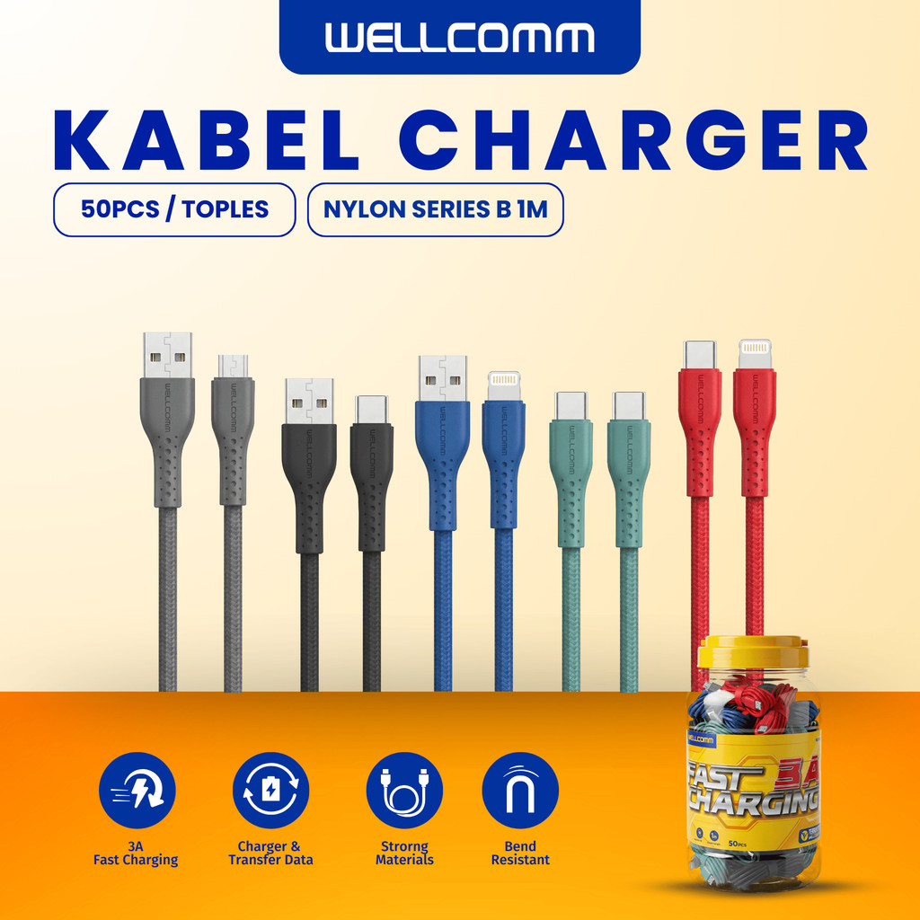 Wellcomm (1 Toples Isi 50 Pcs) Kabel Data Fast Charge 3A USB Type C / Micro / iPhone Nylon B Series 