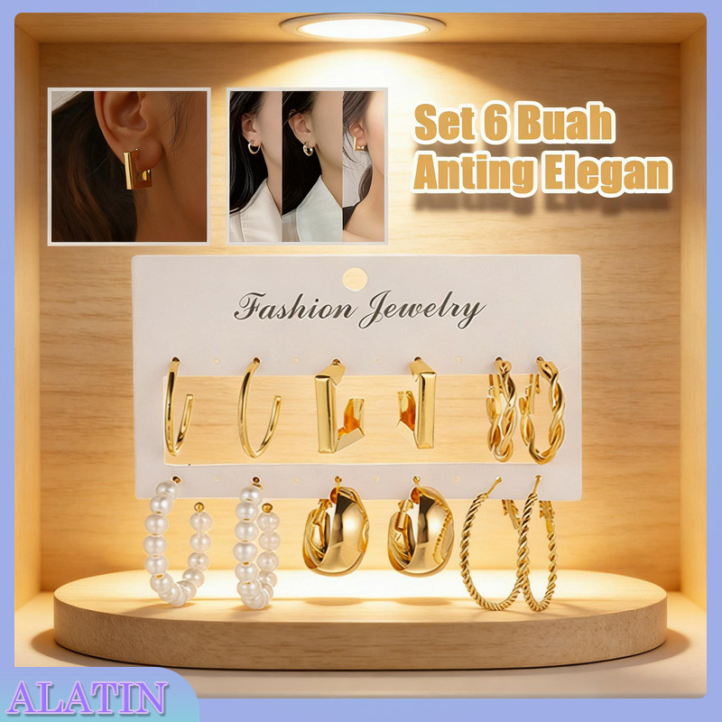 6 Set Anting Hoop Kotak Emas Perak Elegan Anting / Anting-anting Wanita Mewah / Anting Logam Retro