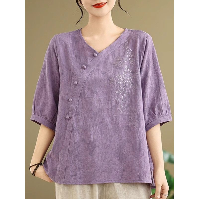 Gaya Baru Cina Katun dan Linen Lengan Pendek T Blus Bordir Wanita