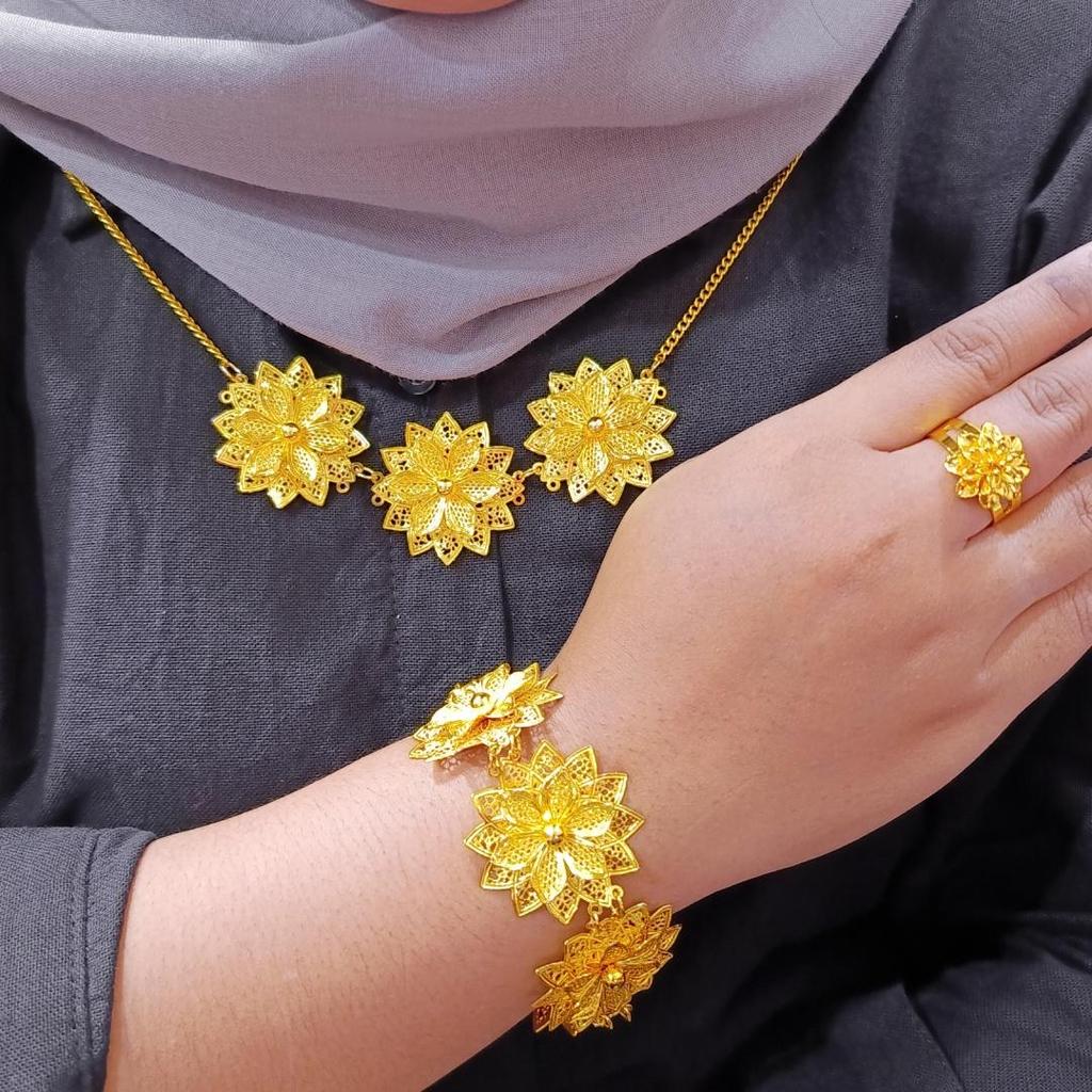 Set Dubai India Terbaru Import Gelang Kendari Bangle+Kalung (Panjang45cm)+Cincin Xuping Besar Bunga 