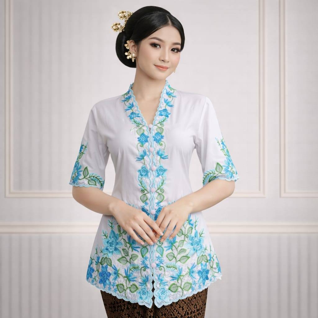 Kebaya Modern Putih Biru Pendek 717