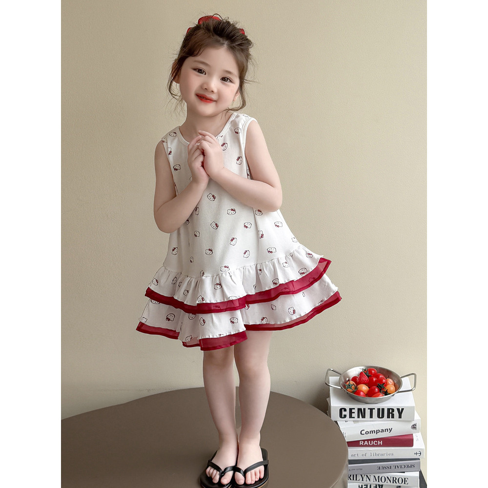 Mentari Kecil Gaun anak perempuan, gaya Korea, gaun rompi bermotif mewah.