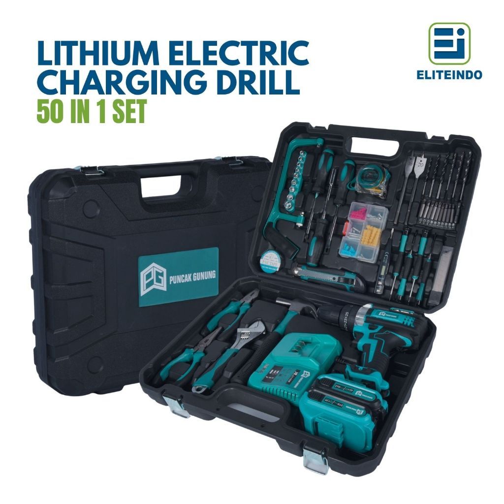 ELITE Set Mesin Bor 2 Baterai 50Pcs in 1 Toolkit Lengkap Perkakas Cordless Drill Impact Alat Listrik