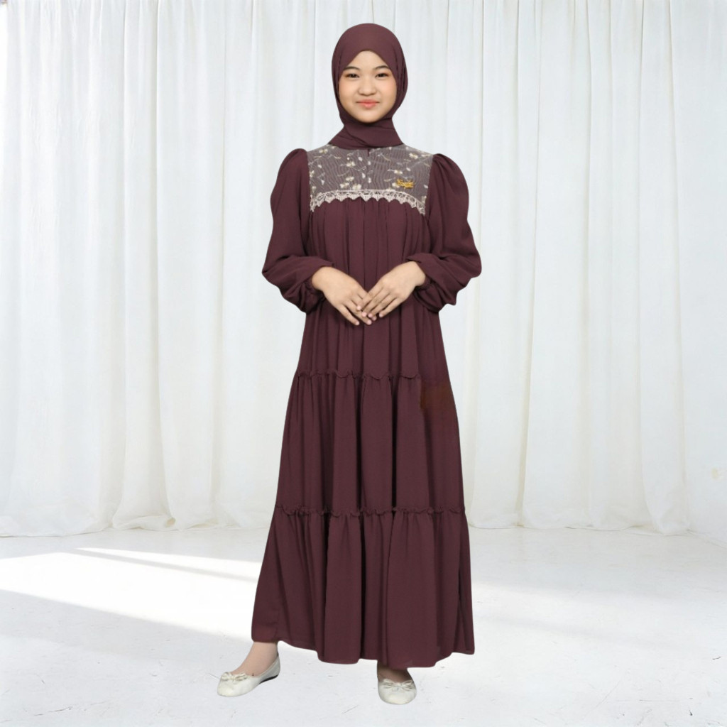 Dress 2026 Gamis Anak Perempuan Tanggung Pesta Mix Brokat Ceruty Babydoll Baju Lebaran Brukat Remaja