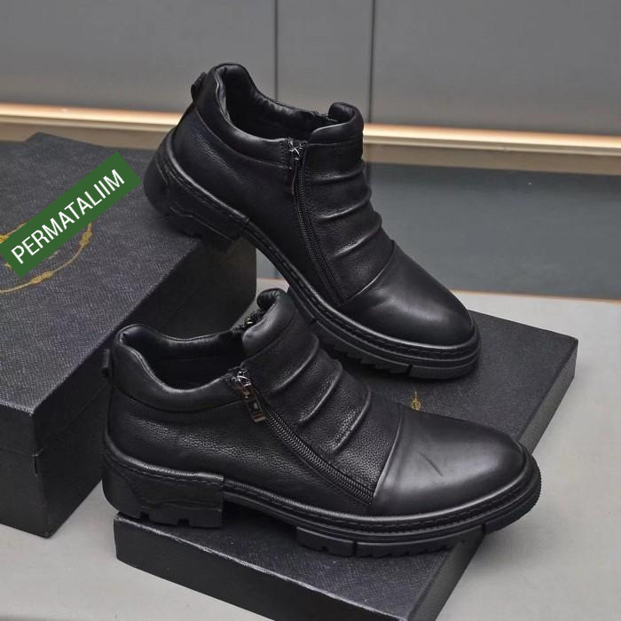 sepatu pria boots zipper sneaker cowok Hitam Kulit