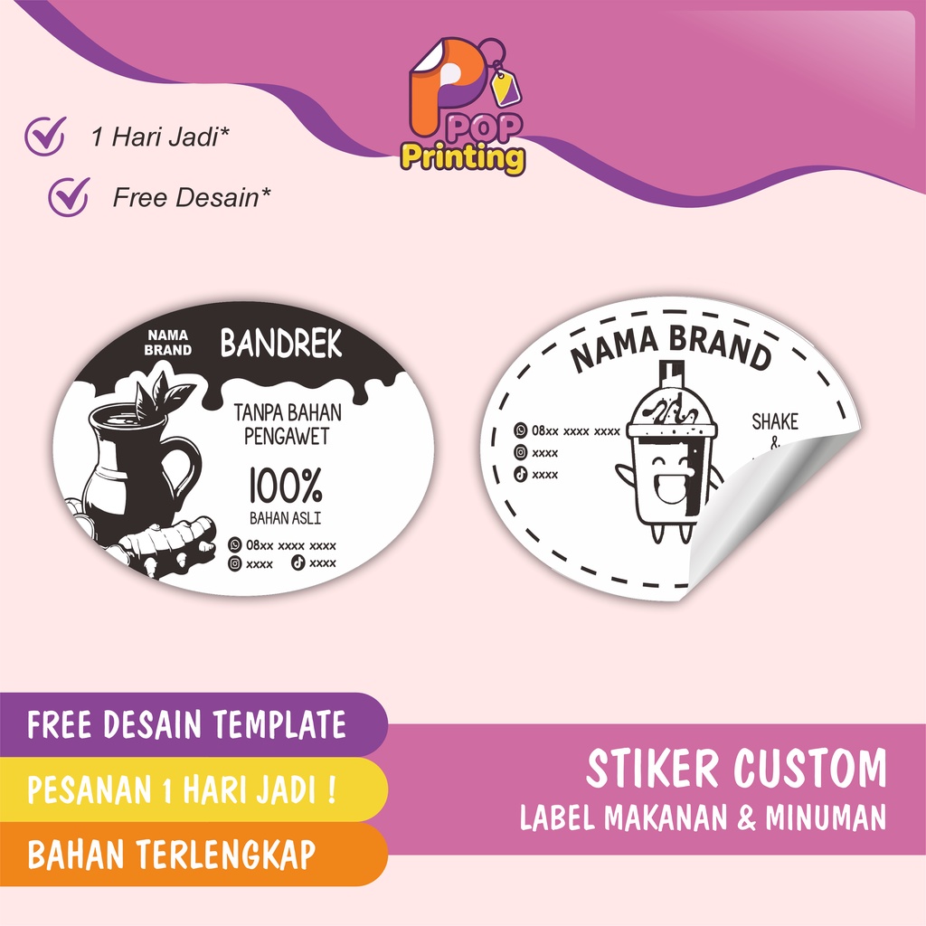 Pop_Printing Stiker Label Custom Minuman Kemasan Free Design Oval Vynill Transparan Produk Minuman S