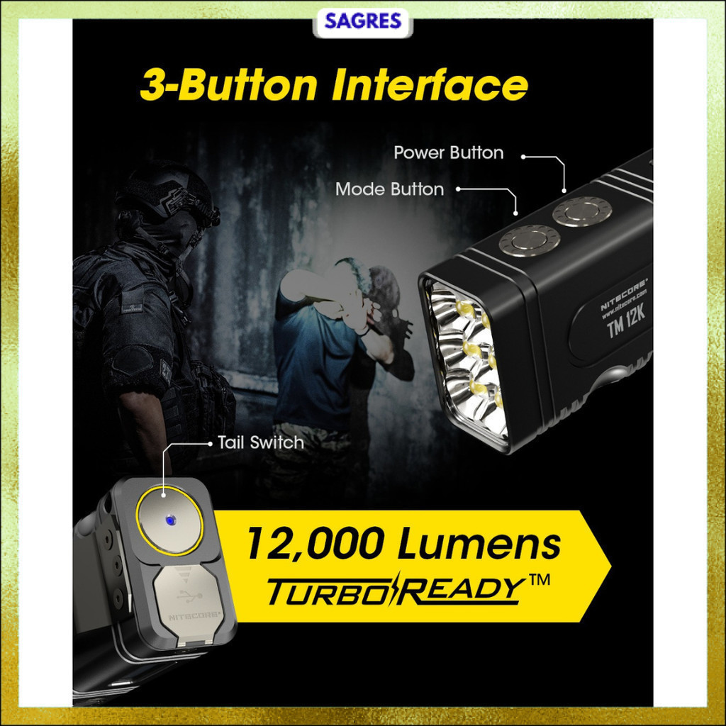 NITECORE Senter LED Flashlight OLED Display Rechargeable 12000 Lumens - TM12K