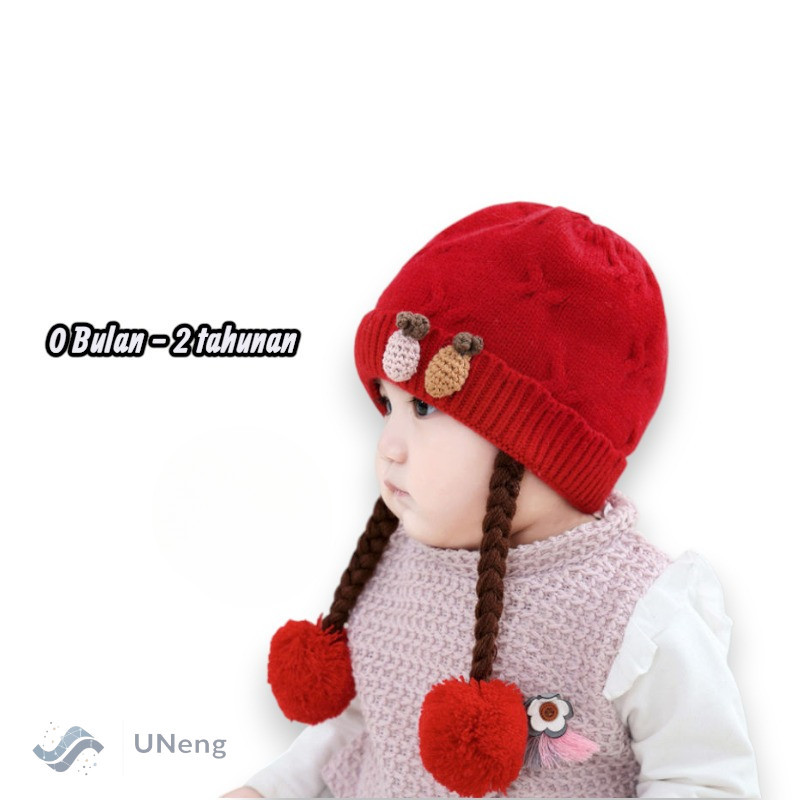 Topi Rajut Bayi Custom Nama 0–2 Tahun | Pompom Lucu Tali Kepang Hangat / Topi Kupluk Rajut Wol Anak 