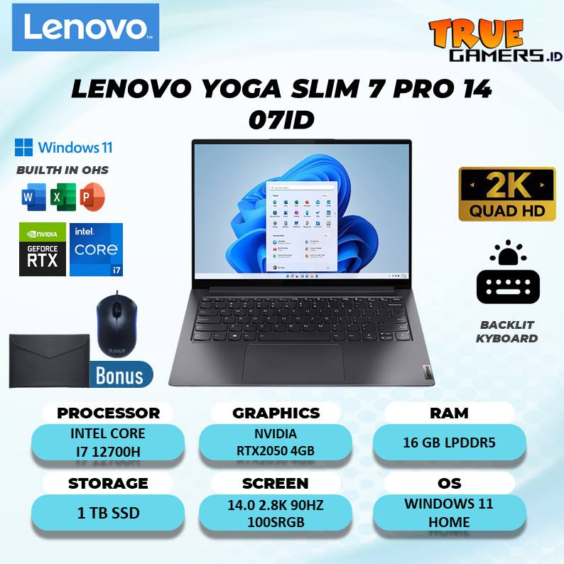 Laptop Lenovo Yoga Slim 7 PRO 14 RTX2050 4GB I7 12700H  16GB 1TB Win11 OHS 14.0 2.8K 90HZ 100SRGB