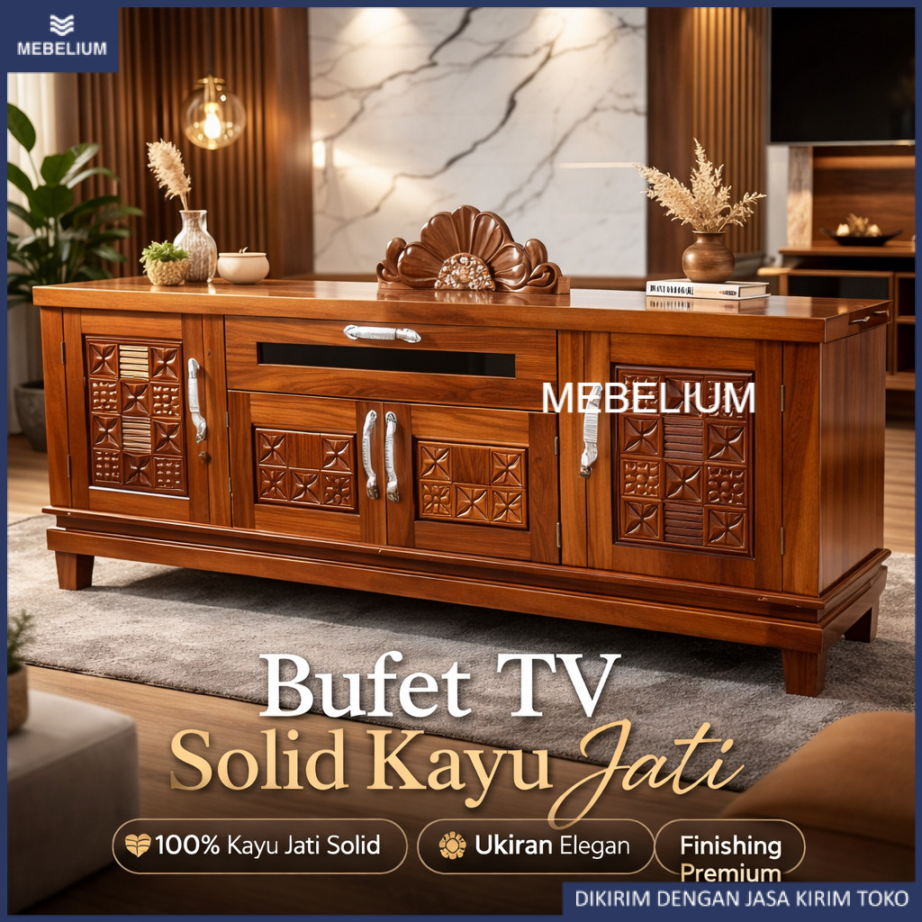 Bufet TV Kayu Jati Solid Minimalis | Meja TV Kayu Modern Ukir 120 160 180 200 cm