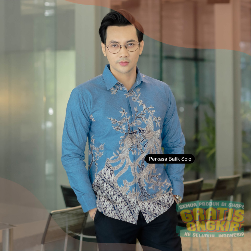 PERKASA BATIK Motif Baswara Biru Kemeja Batik Pria Lengan Panjang Furing Erro Warna Ice Blue Hem Kon