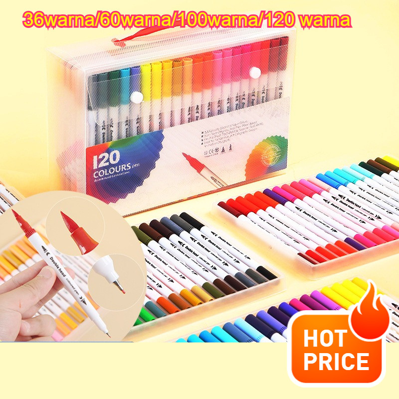 Spidol Warna Set 36/60/100/120 Spidol Brush Pen 2 Tips Spidol Set Marker Drawing Pen