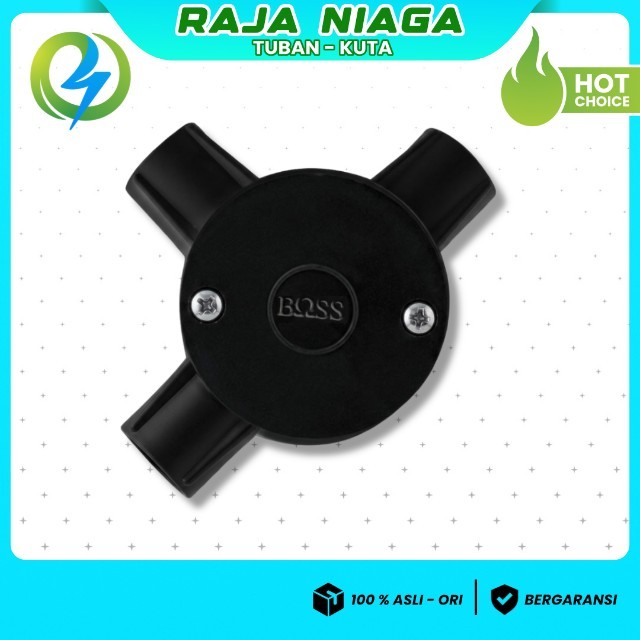 T Dus Hitam 20mm BOSS – Kotak Sambung Kabel T-Doos Cabang 3 Pipa Listrik PVC Kuat