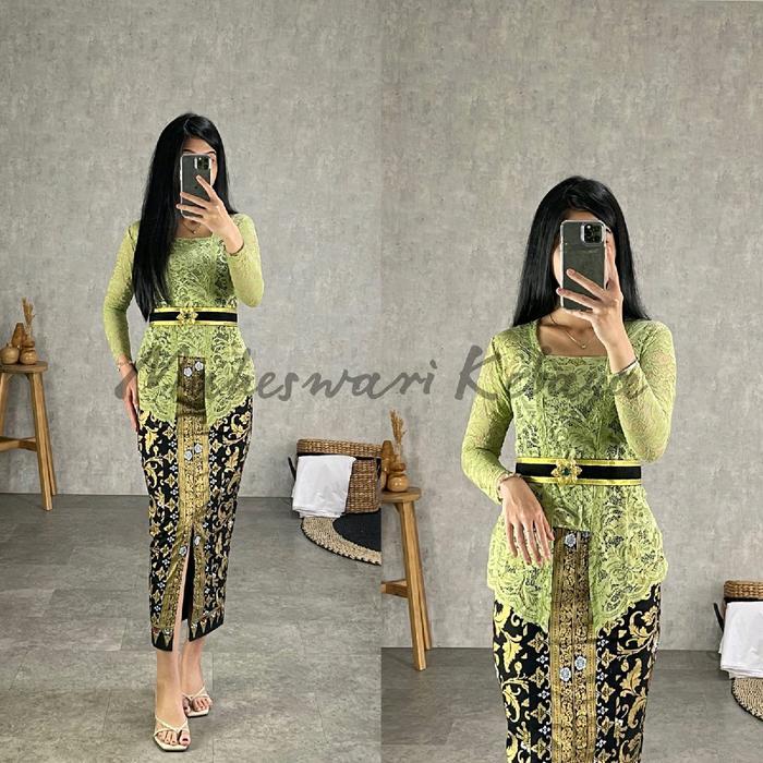 Kebaya Bali Set Brukat Panjang Sage Green - Atasan saja, S