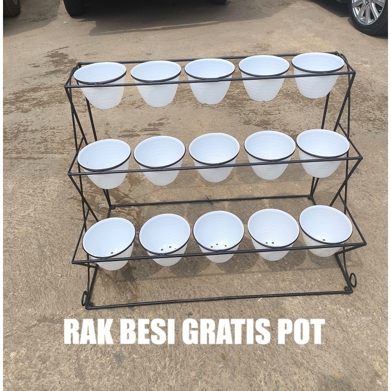 RAK JUMBO BESAR 3 TINGKAT / RAK BESI+POT/RAK DOUBLE POT BUNGA BALKON / PAGAR / GANTUNGAN POT KOTAK P