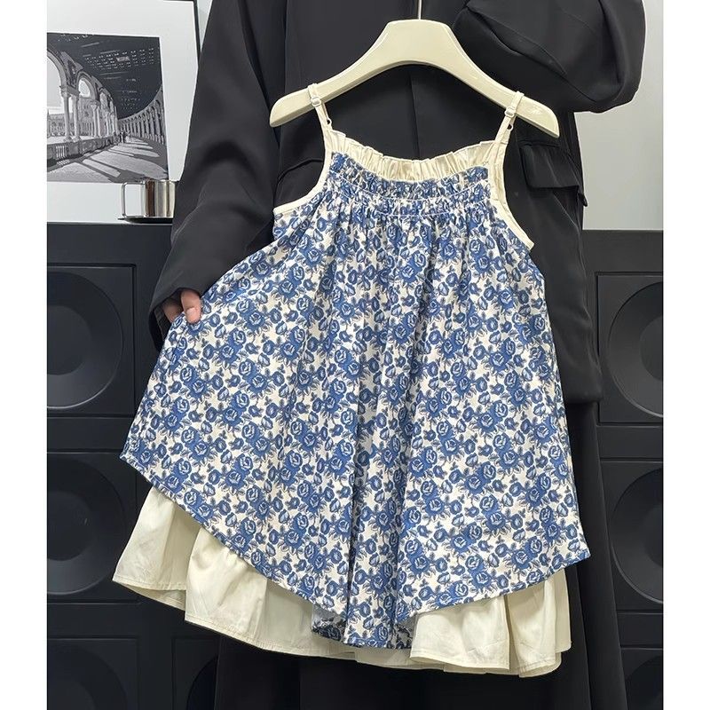 MIOUKIDS Gaun Anak Perempuan Bohemian Motif Bunga Tali Bahu Dress Anak Perempuan