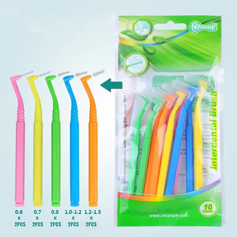 10pc Interdental Brush 0.6-1.5mm L-Shaped Interdental Brush Plastic Portable Brush Non-Slip Handle E