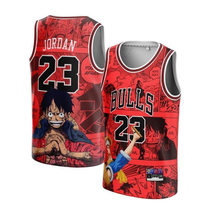 [ORIGINAL] Michael Jordan #23 Chicago Bulls CUSTOM MERAH LUFFY ONE PIECE -  Bola Basket  Baju Kaos T