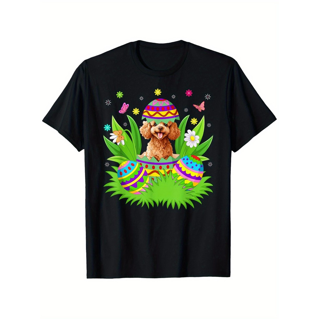 Kaos Pria Paskah - Desain Anjing Poodle & Kelinci Mencari Telur, 100% Katun 180g, Kerah Bulat, Hitam