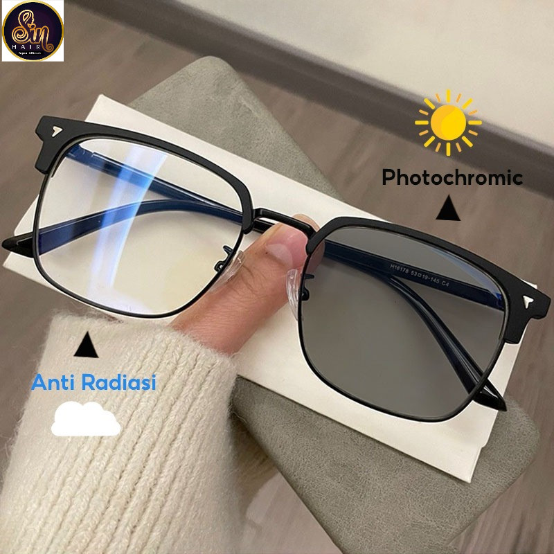 Kacamata Photochromic Anti Radiasi Bagi Laki-Laki Dan Perempuan Setengah Bingkai Rektangular