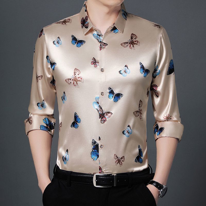 Men's long-sleeved shirt, printed silk satin shirt, business casual top