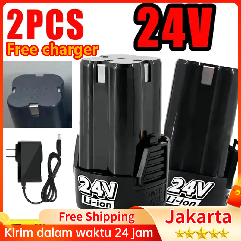 (2Pcs)24V Baterai Mesin Bor Cas 24 Volt 3000 mAh Cordless Drill+Charge charger bor cordless 24v tool