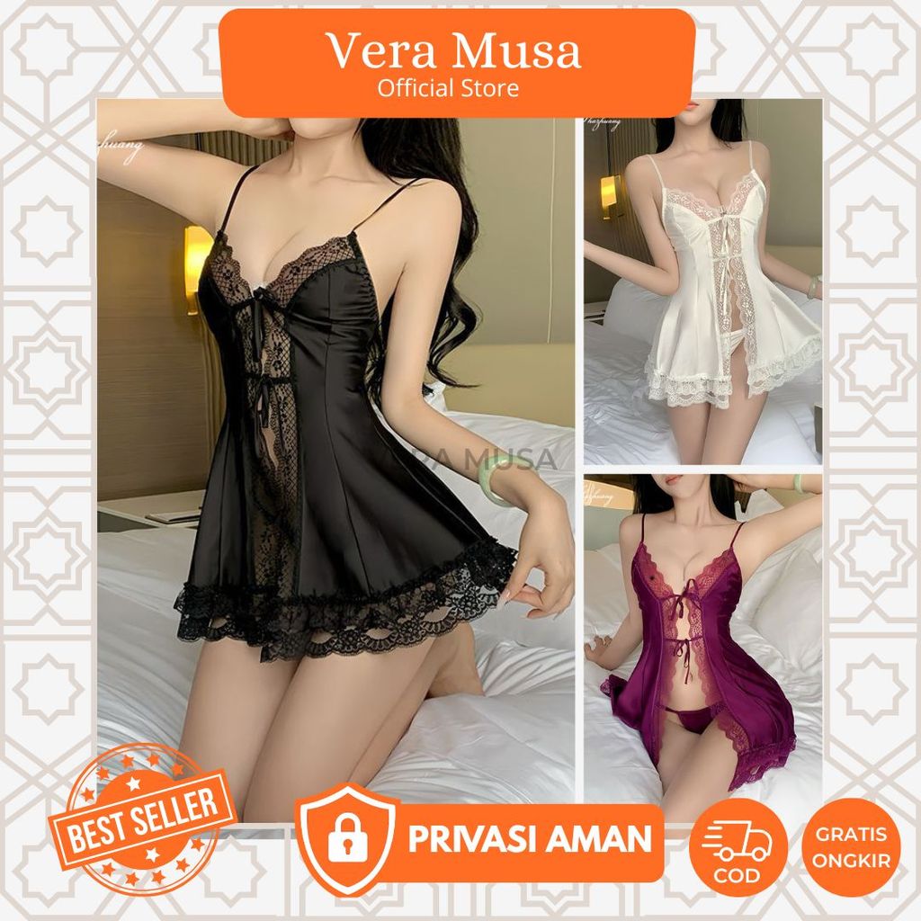 VERA VV179 Dress Mini Silk Satin Wanita Baju Tidur Mini Pajamas Satin Dinas Malam Santai Nightgrown