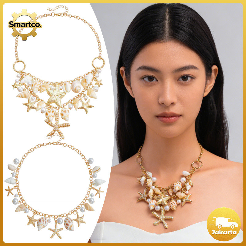 Kalung Set Bintang Laut Kerang Mutiara Kecil Berkilau Modis Wanita/Kalung Mutiara Imitasi Gaya Boho 