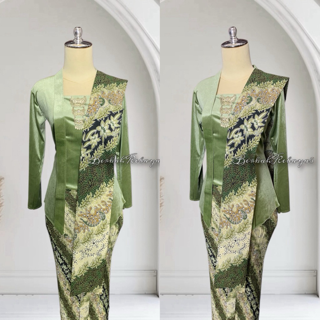 Setelan Kebaya Kutu Baru Bludru Warna Sage / Kebaya + Selendang + Jarik Plisket