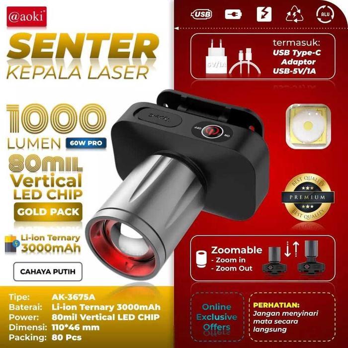 SENTER KEPALA ZOOM AOKI AK-3675A 60W PRO 1000 LUMEN - TAHAN LAMA - ZOOM JARAK JAUH - AK-3675A - PUTI