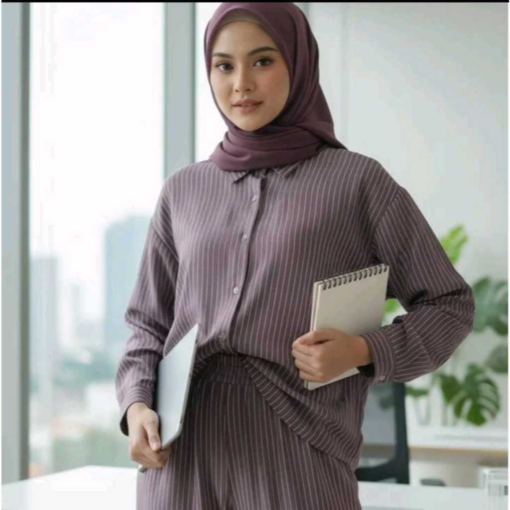 Jena One Set Setelan Atasan & Celana Hijab Salur Modis Nyaman Dipakai Trendy Lengan Panjang Wanita M