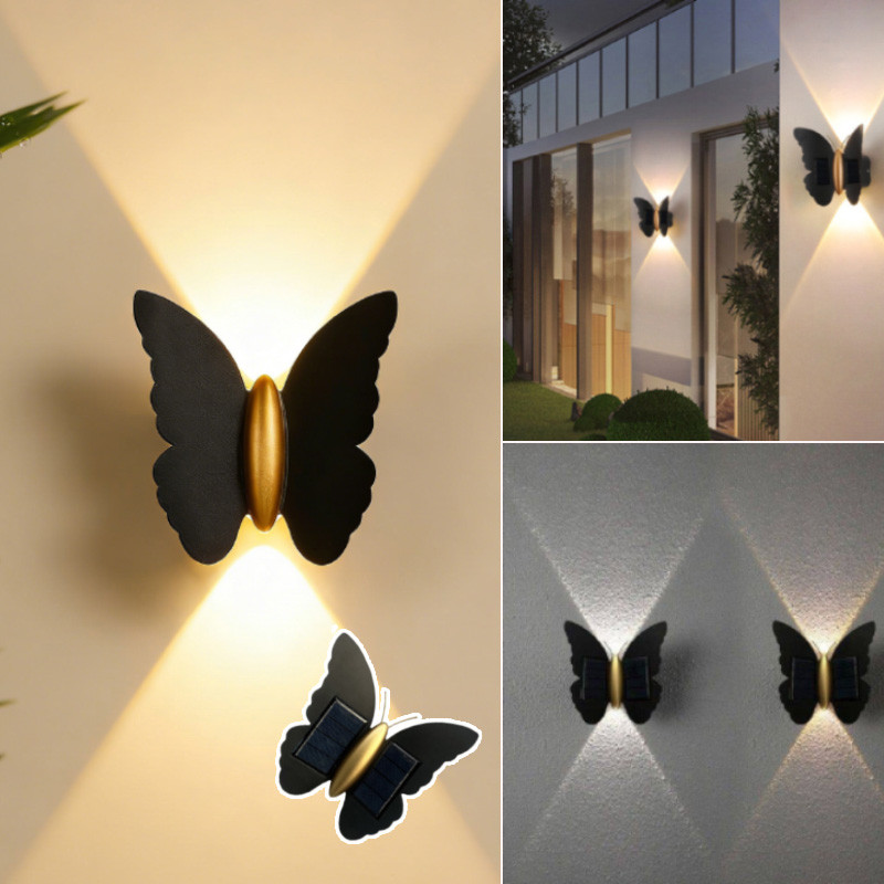 Lampu Dinding Kupu-Kupu Tenaga Surya Taman LED Tenaga Surya Outdoor Sensor Cahaya IP65 Tahan Hujan &