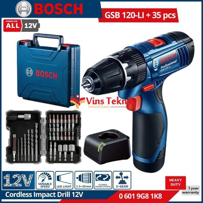 BOSCH GSB 120-Li + X-line 35Pcs Mesin Bor Baterai Cordless Impact Drill 10mm 12V 06019G81K8 GSB120Li