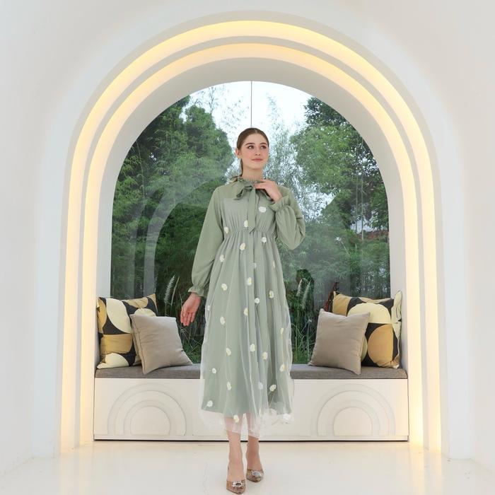 Mitsu Flower Embroidery Tulle Dress / Dress Tile Bunga Korea / Dress Panjang Style Jepang Korea Moti