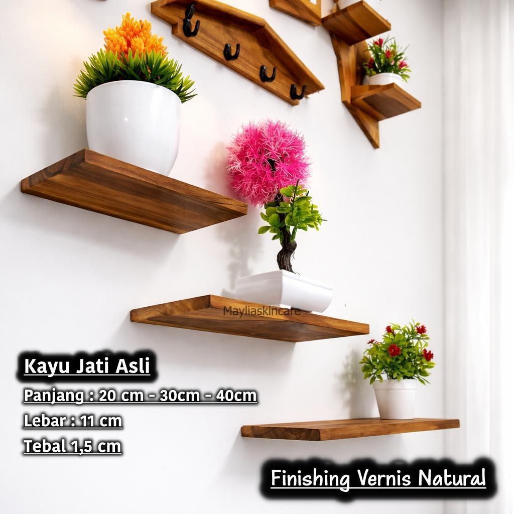 Rak Dinding Ambalan Melayang Kayu Jati Asli Vernis Natural Minimalis Tempel Dinding