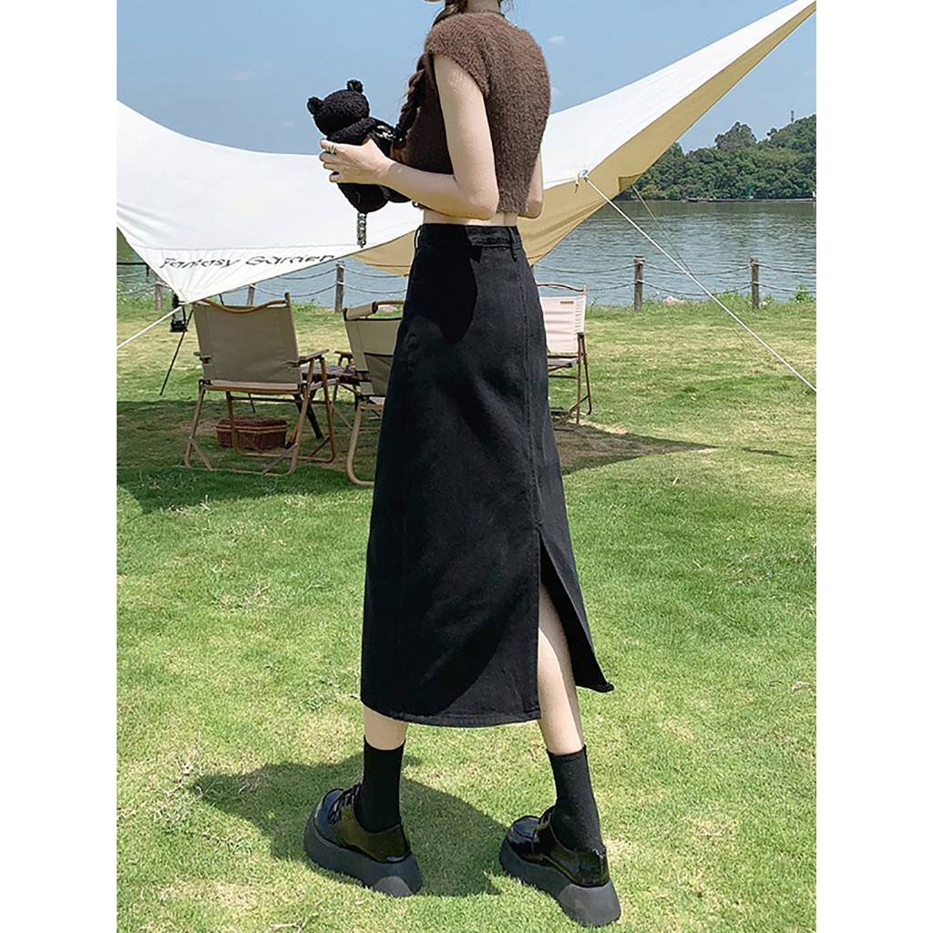 [Saror]Rok Denim Belahan Tinggi Wanita Baru Rok Setengah Hitam Rok Panjang