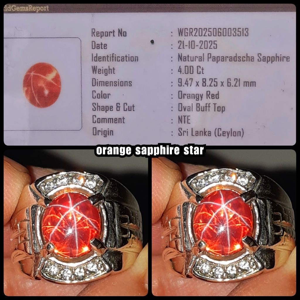 BATU PERMATA ORANGE SAPPHIRE STAR CEYLON + RING PERAK