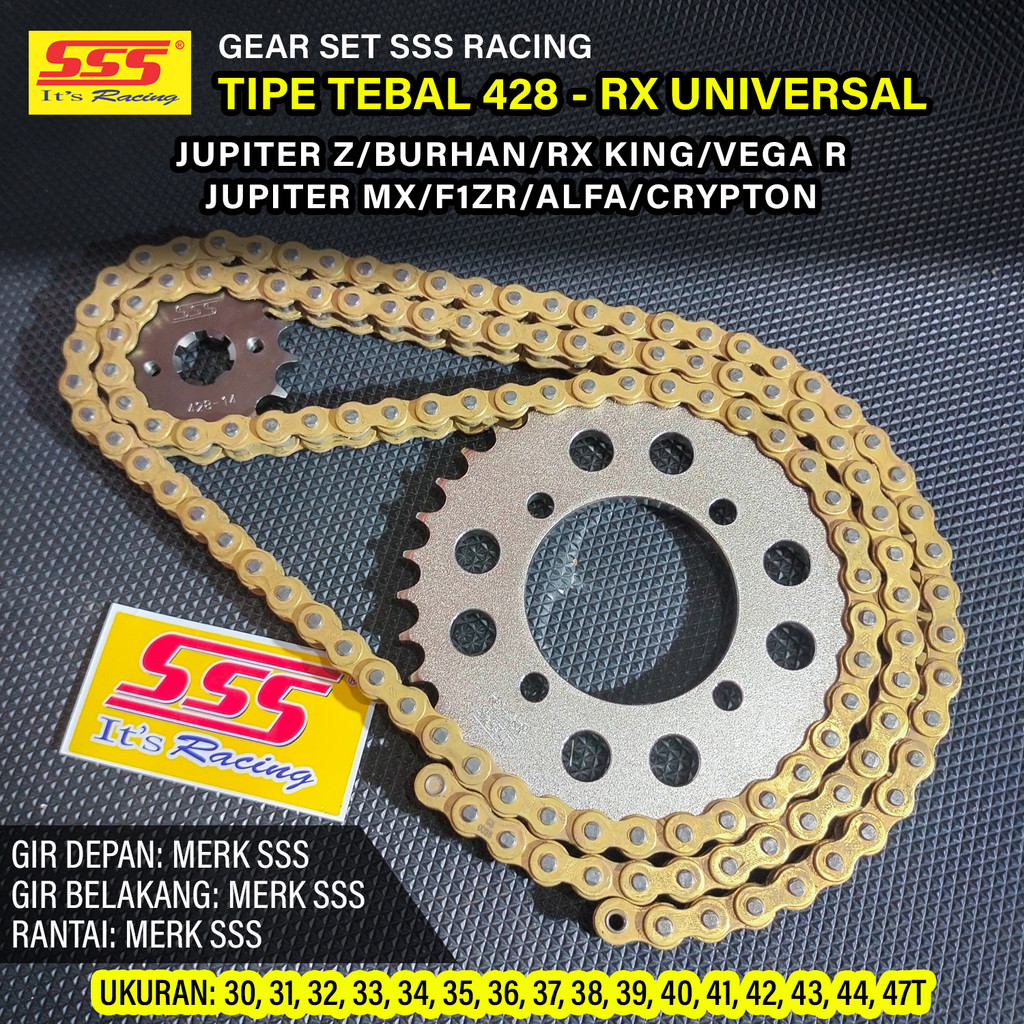 GEAR SET SSS 428 RX KING JUPITER VEGA F1ZR YAMAHA BEBEK GIR DEPAN 13/14/15T BELAKANG 33/34/35/36/37/